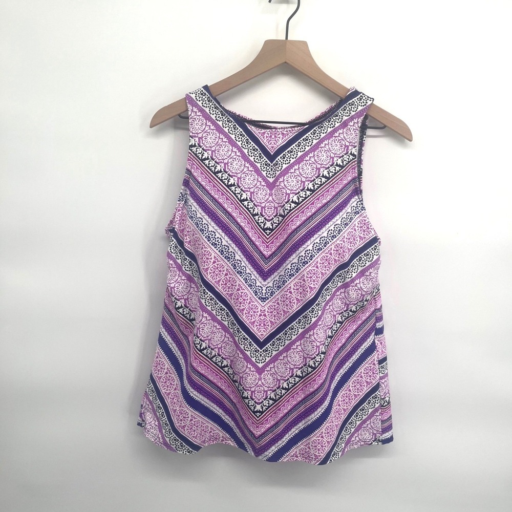 Lands' End Tankini Swim Top Womens 16 Purple Chevron Geometric Built-in Bra